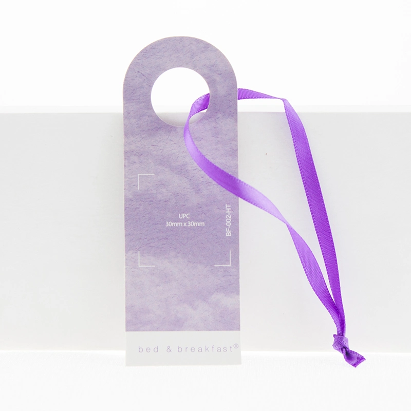 Custom Logo UV Cardboard Folded Garment Purple Hangtag with Ribbon